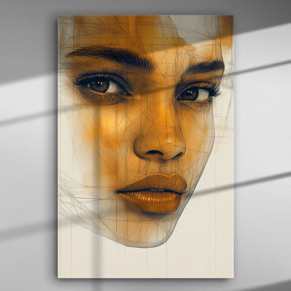 A canvas print featuring a close-up of a woman's face with orange hues and intense eyes.