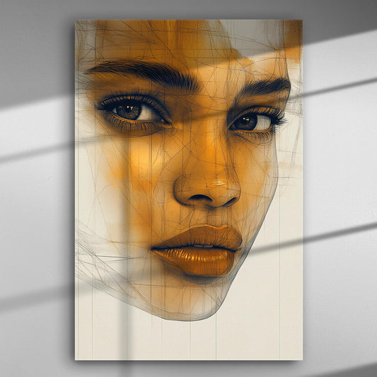 A canvas print featuring a close-up of a woman's face with orange hues and intense eyes.