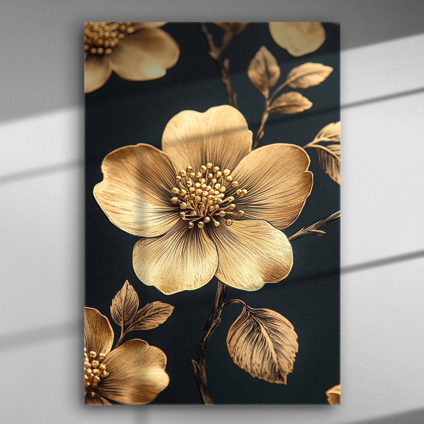 Canvas print featuring golden flowers on a dark background, exquisite and elegant design.