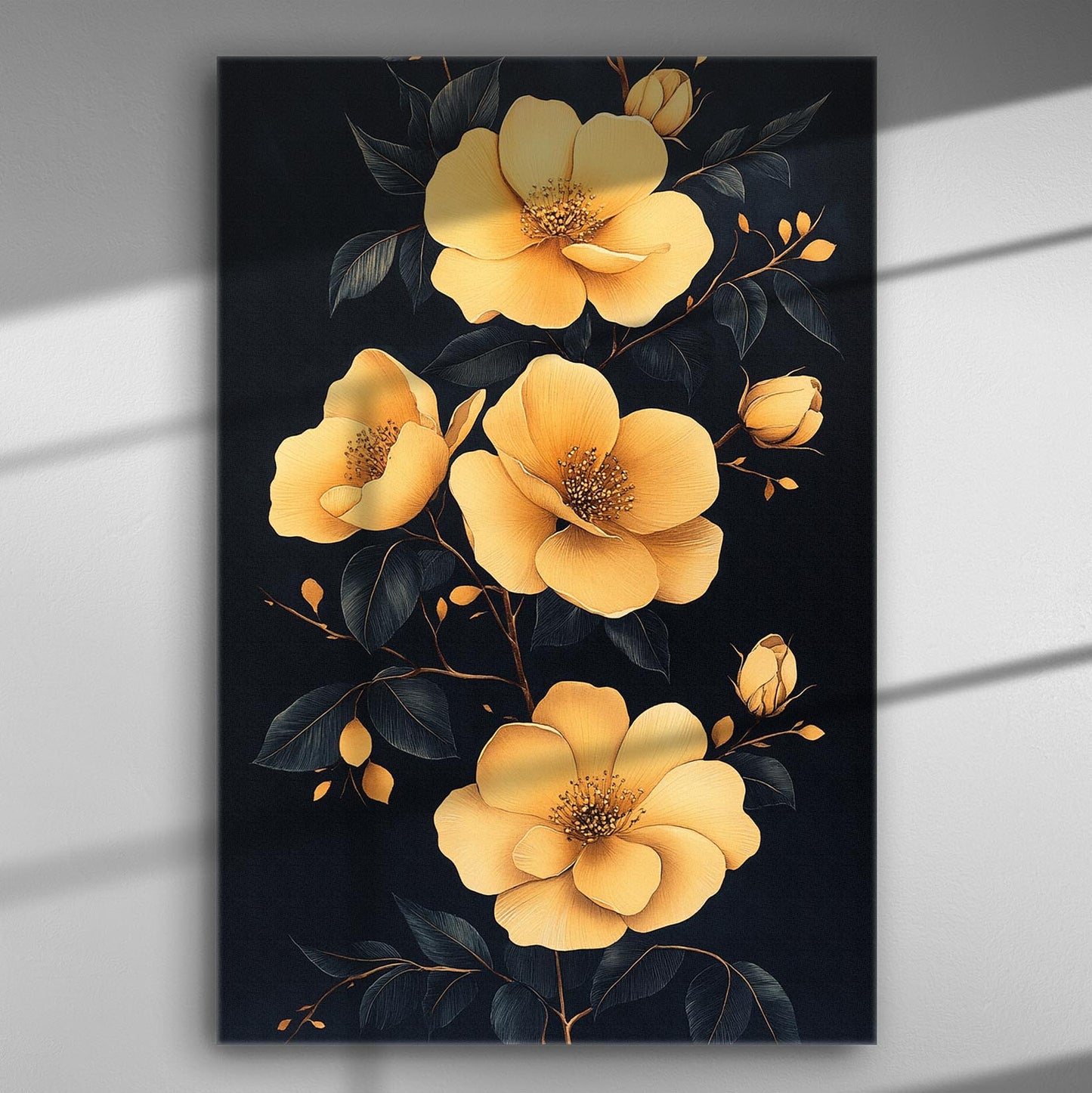Canvas print with yellow blooming flowers on a dark background.
