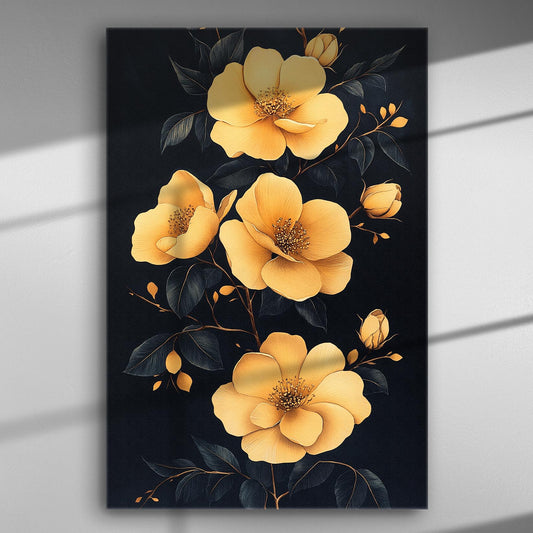 Canvas print with yellow blooming flowers on a dark background.