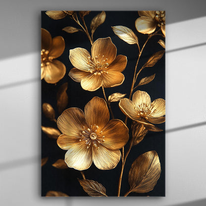 Gold flowers on a black background canvas print.