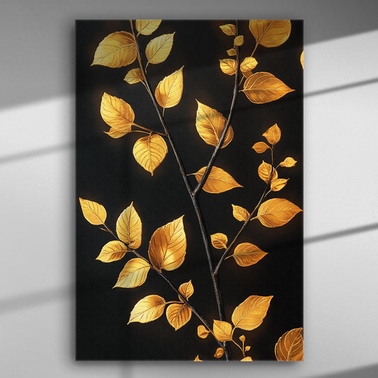 Golden leaves on a dark background canvas painting.