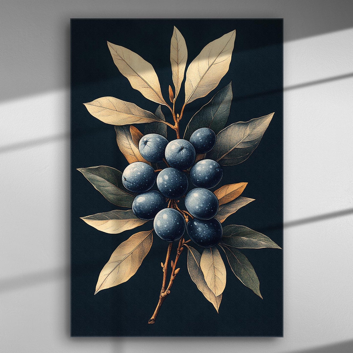 Canvas print with blueberries and leaves illustrated in a realistic style