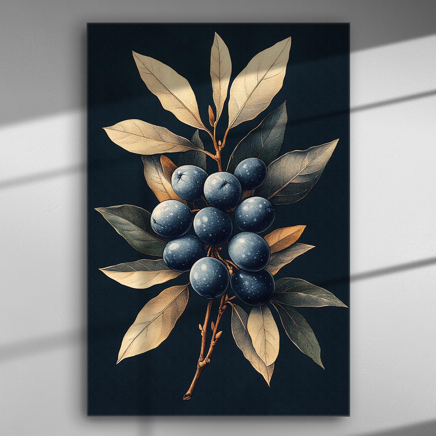 Canvas print with blueberries and leaves illustrated in a realistic style