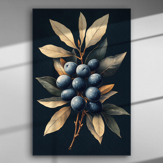 Canvas print with blueberries and leaves illustrated in a realistic style
