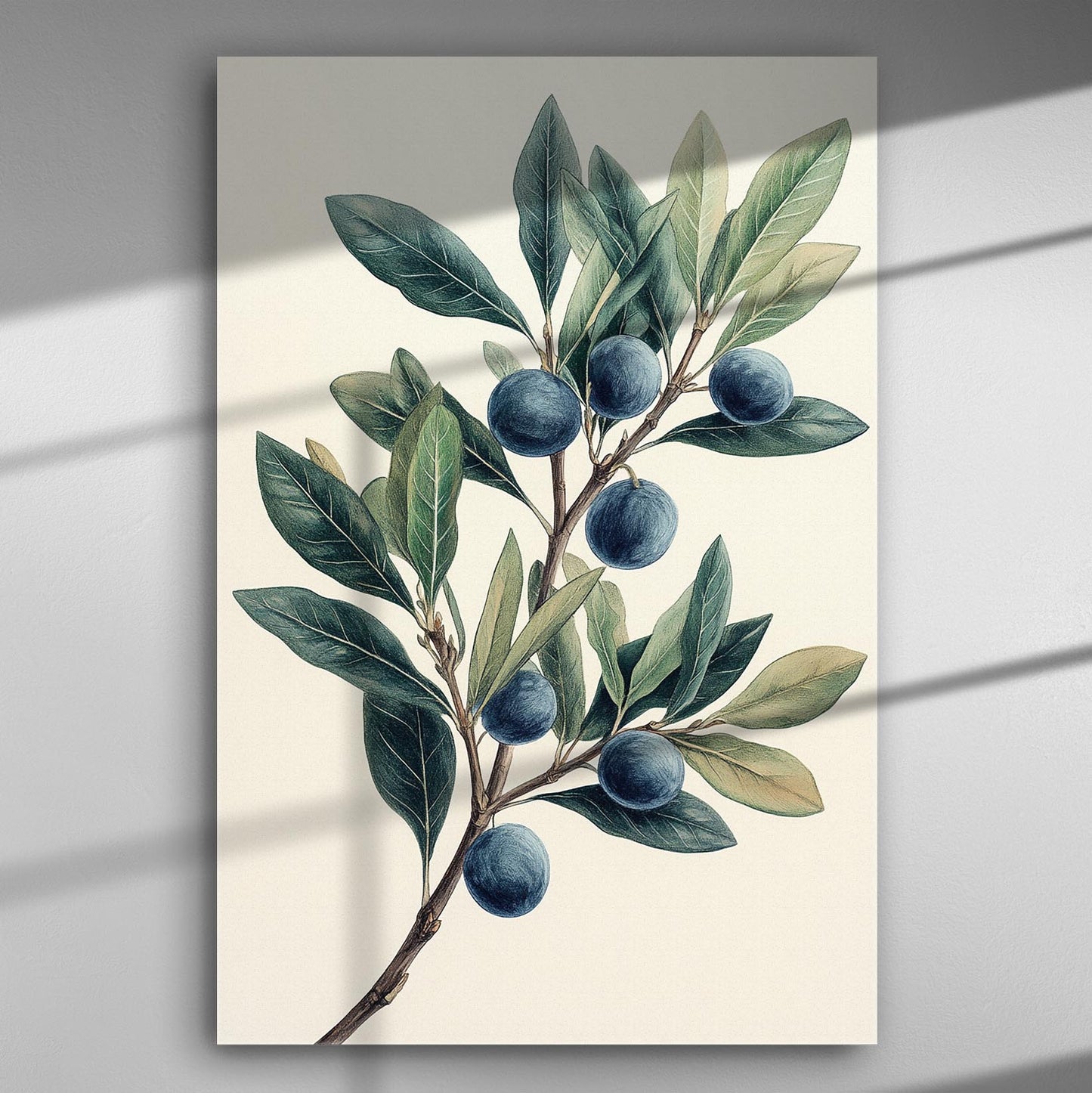 Canvas print depicting an olive branch with green leaves and dark purple fruits.