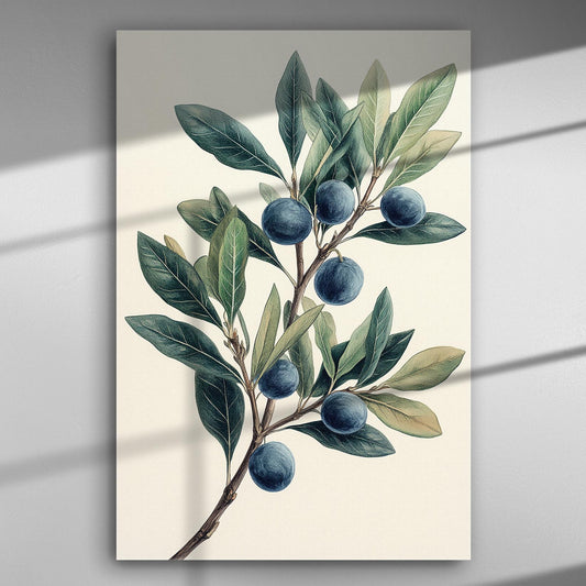 Canvas print depicting an olive branch with green leaves and dark purple fruits.