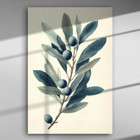Illustration of olive branch with leaves on canvas print.