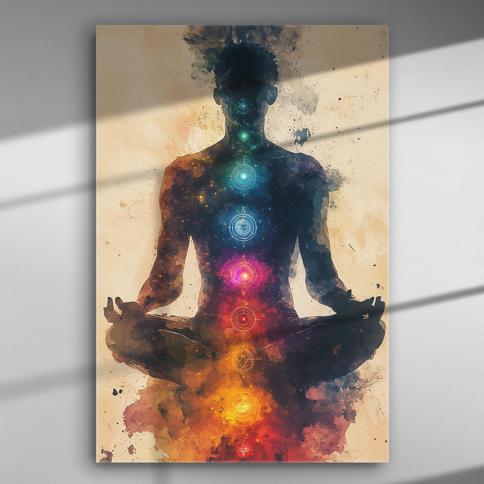 Silhouette meditating with colorful chakra alignment on canvas, representing spiritual balance and tranquility.
