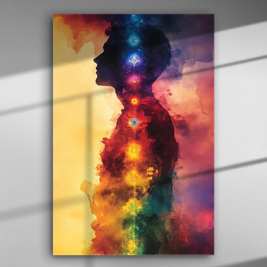 Silhouette of a person with colorful chakra symbols in a spiritual artwork on canvas.