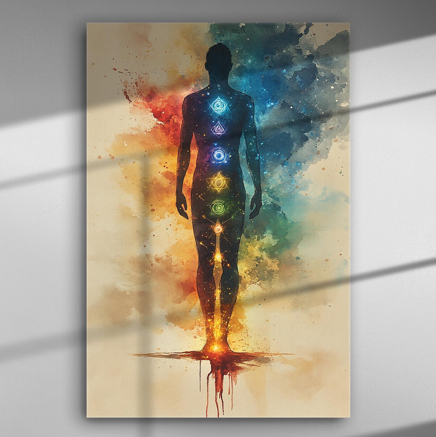 Silhouette of a human figure with chakra colors on a watercolor background.