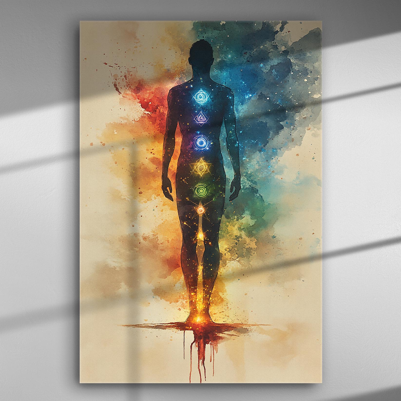 Silhouette of a human figure with chakra colors on a watercolor background.