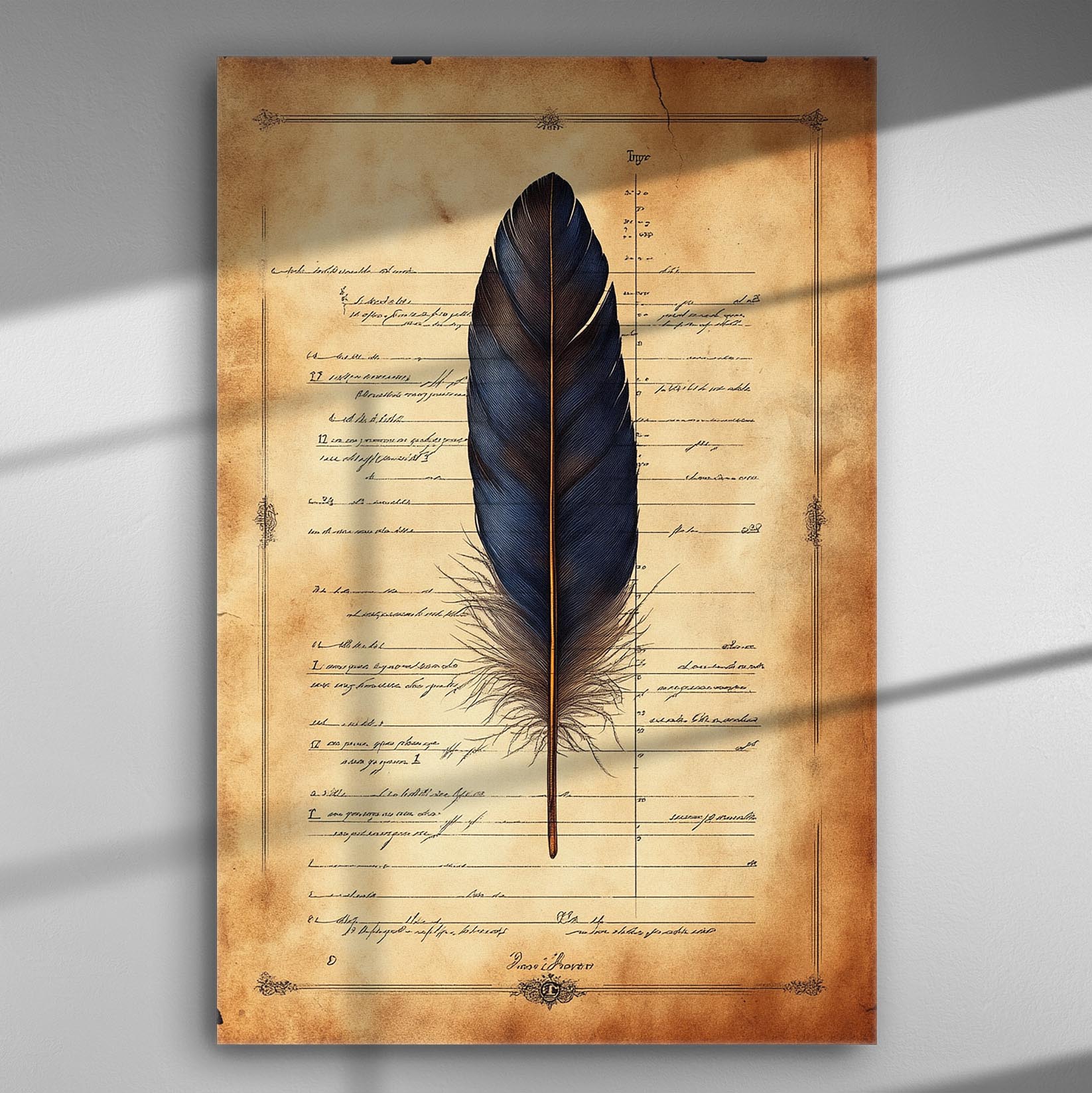Blue feather on aged paper with handwriting, artistic canvas print.