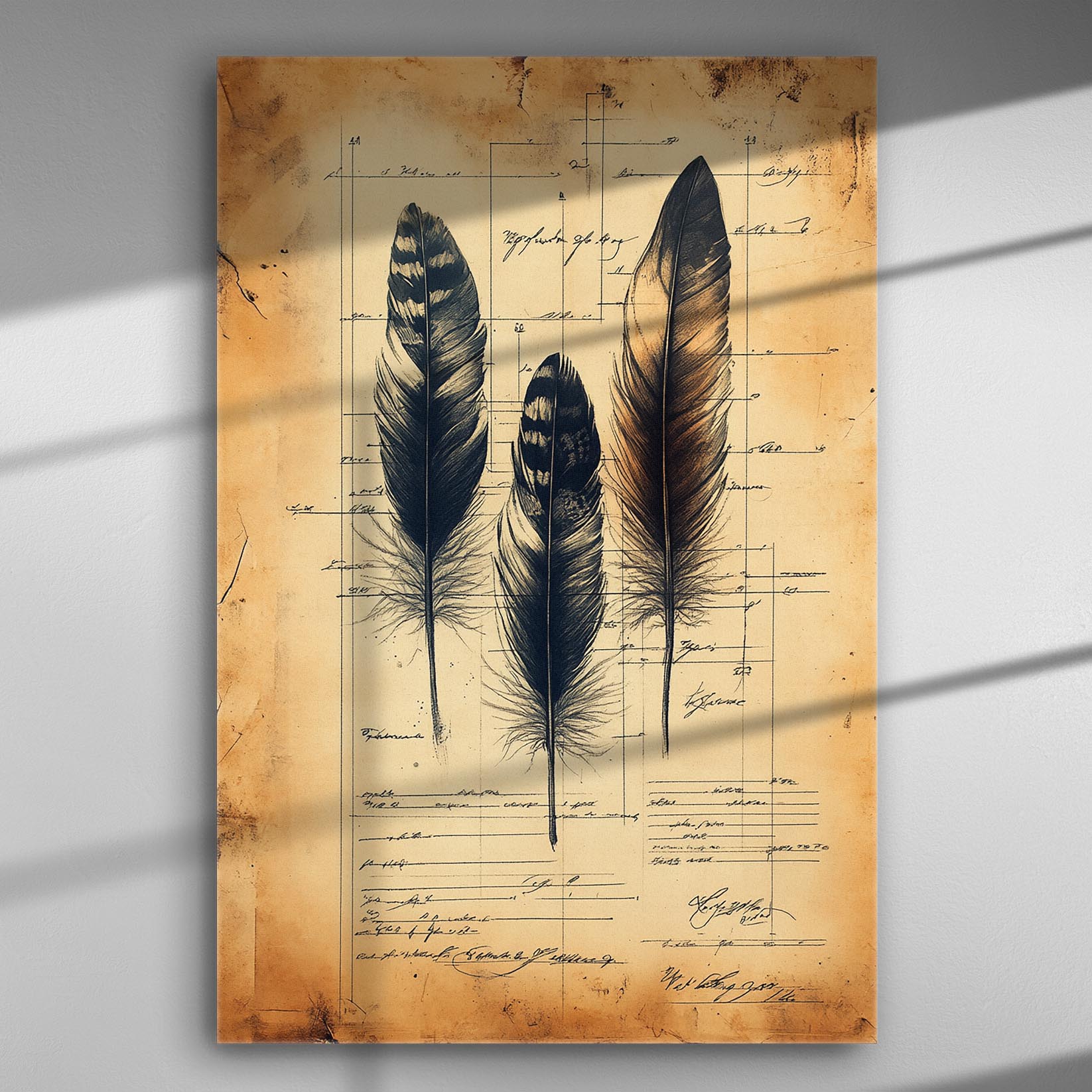 Three feathers with architectural drawing background on a vintage canvas.