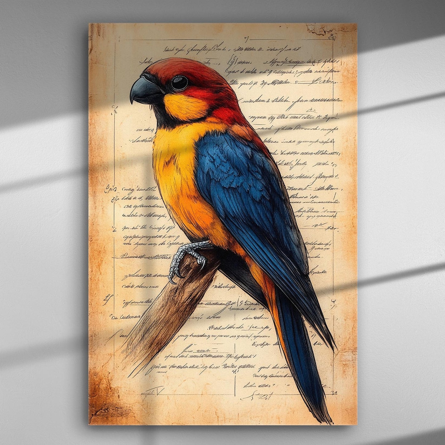 Colorful parrot on a vintage script background canvas print.