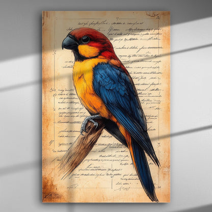 Colorful parrot on a vintage script background canvas print.