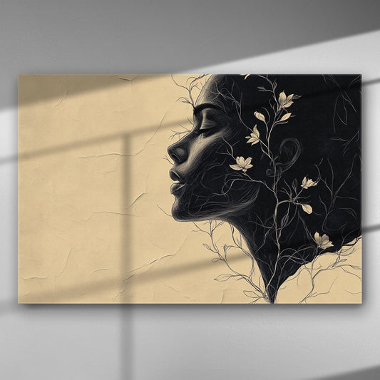 Canvas print of a woman's silhouette blended with flowers, in monochromatic tones.