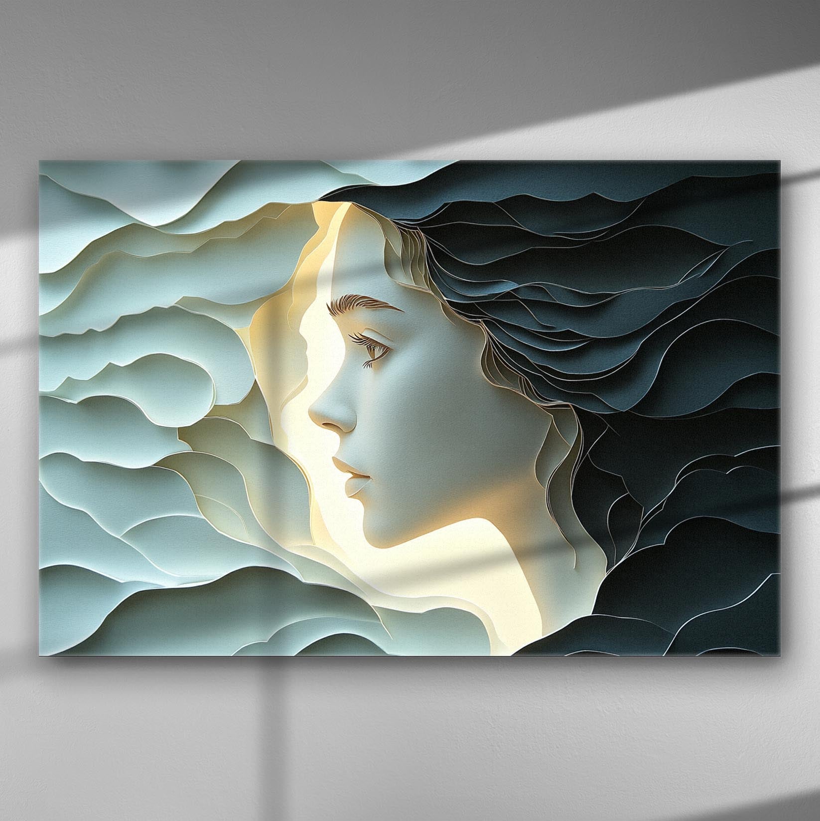 Dreamlike figure with waves on a canvas print, evoking serenity and elegance.