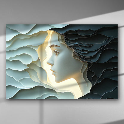 Dreamlike figure with waves on a canvas print, evoking serenity and elegance.