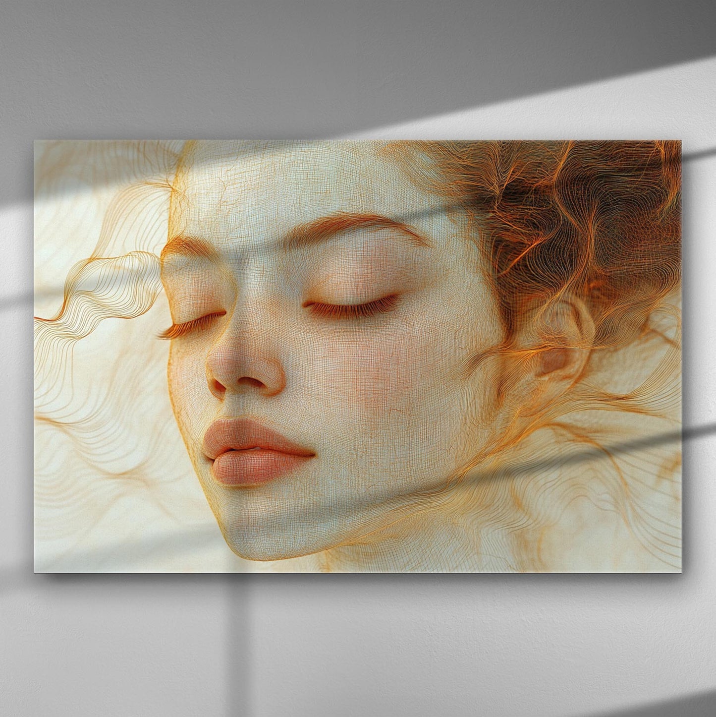 A serene female face with closed eyes on a canvas print, evoking a sense of tranquility and elegance.