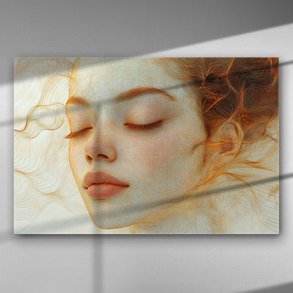A serene female face with closed eyes on a canvas print, evoking a sense of tranquility and elegance.