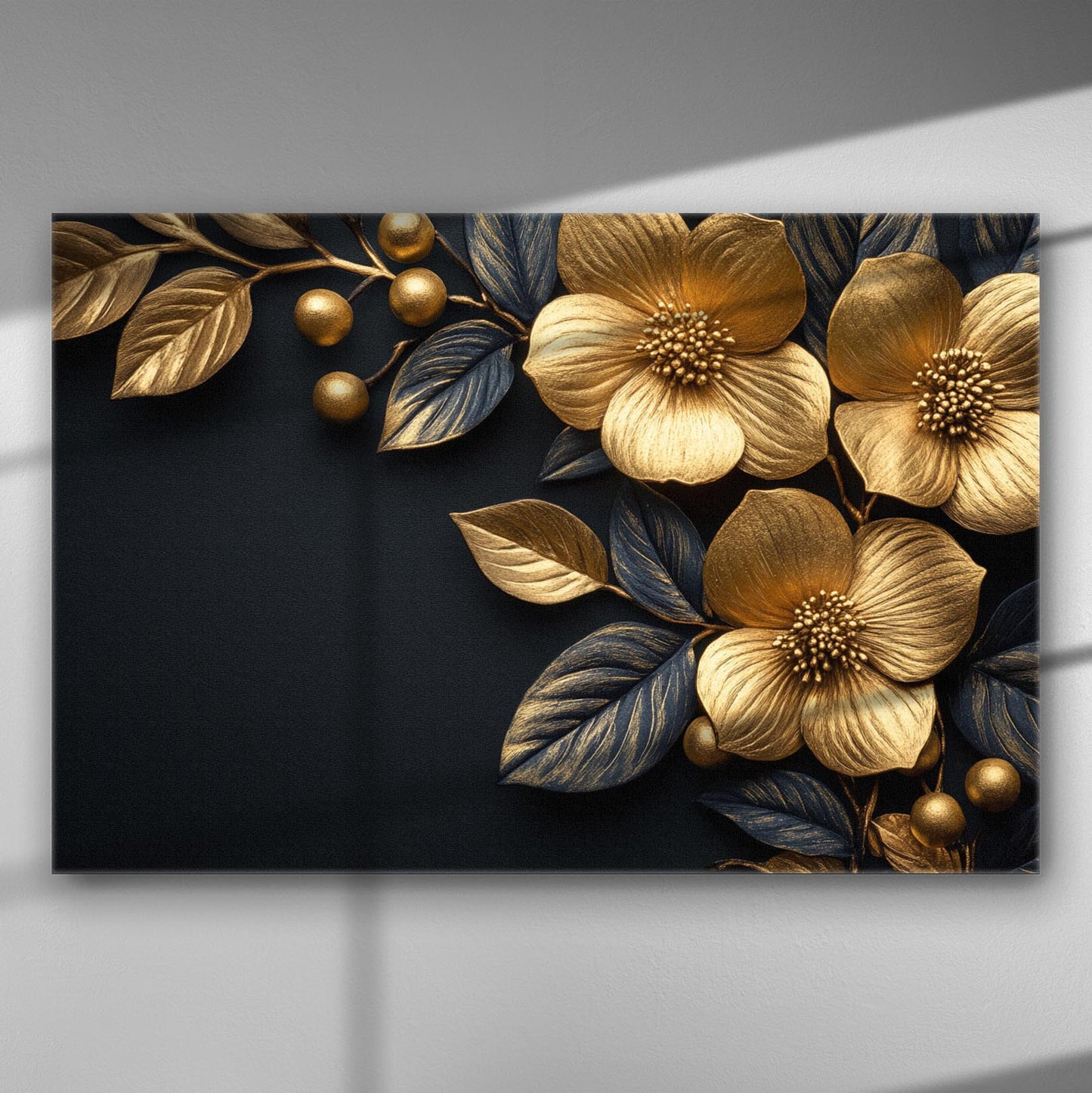 Canvas print depicting golden flowers on a dark background with luxurious and elegant design.