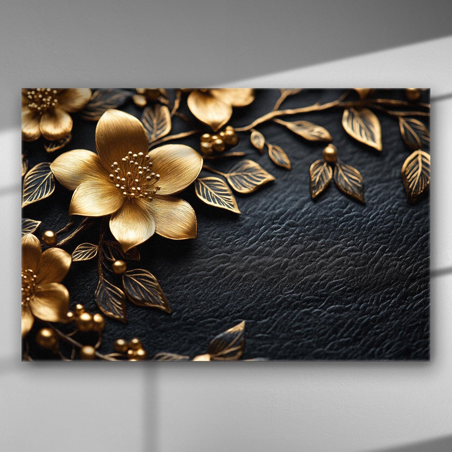 Golden flowers on a black textured background canvas print.