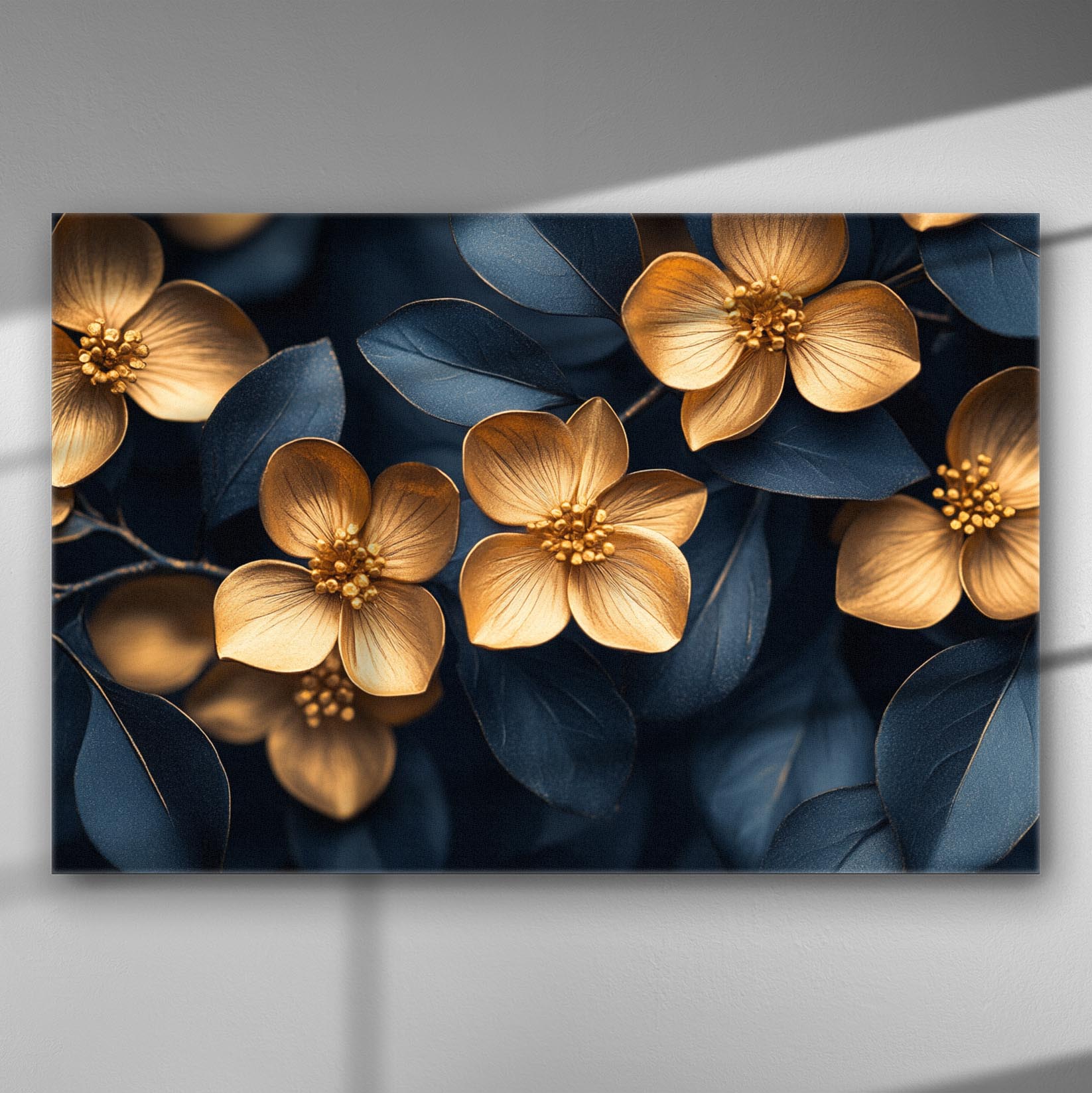 Canvas print with golden flowers and dark leaves for artistic decoration.