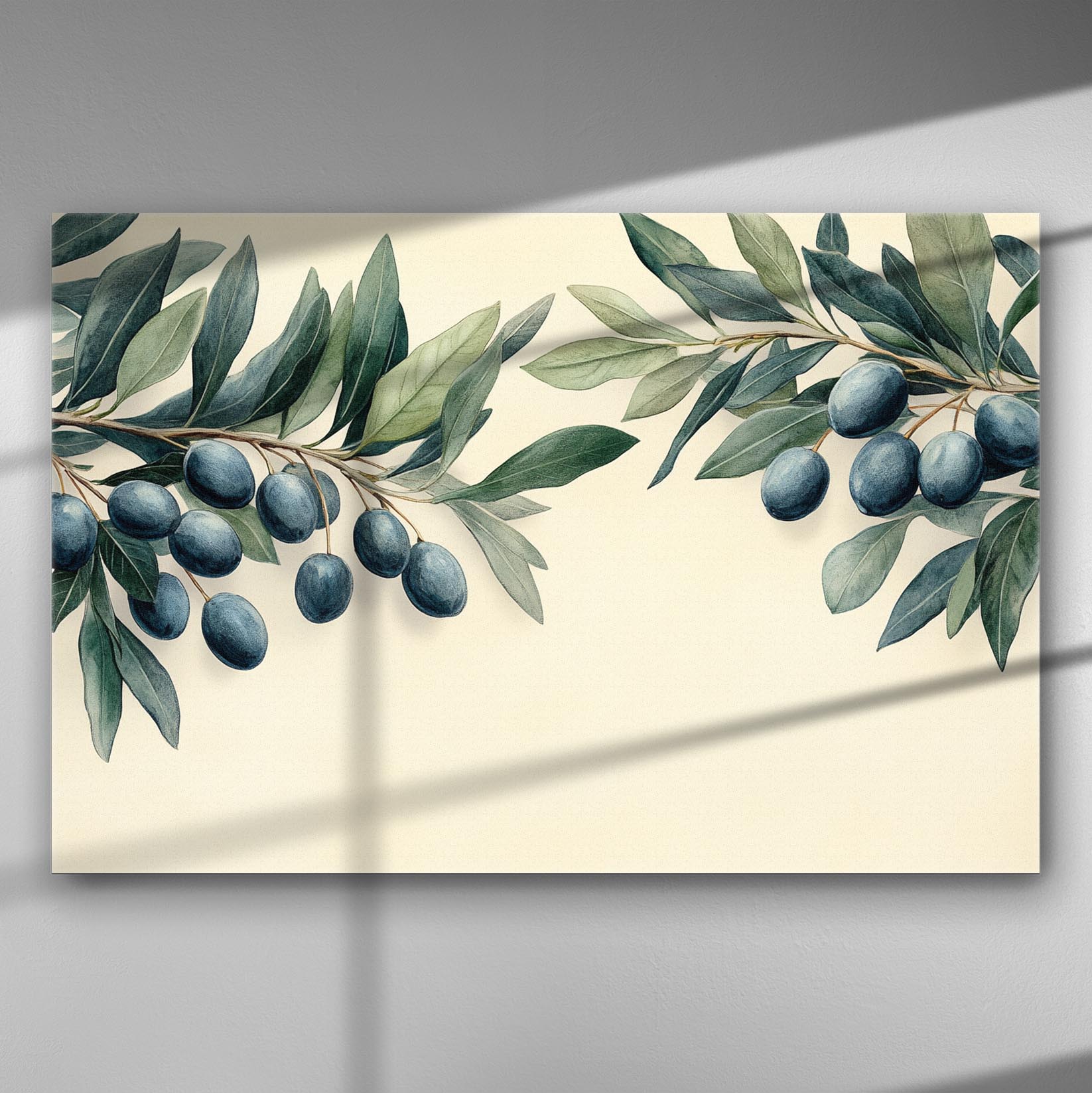 Canvas print featuring olive branches on a neutral background, ideal for adding Mediterranean beauty and tranquility.