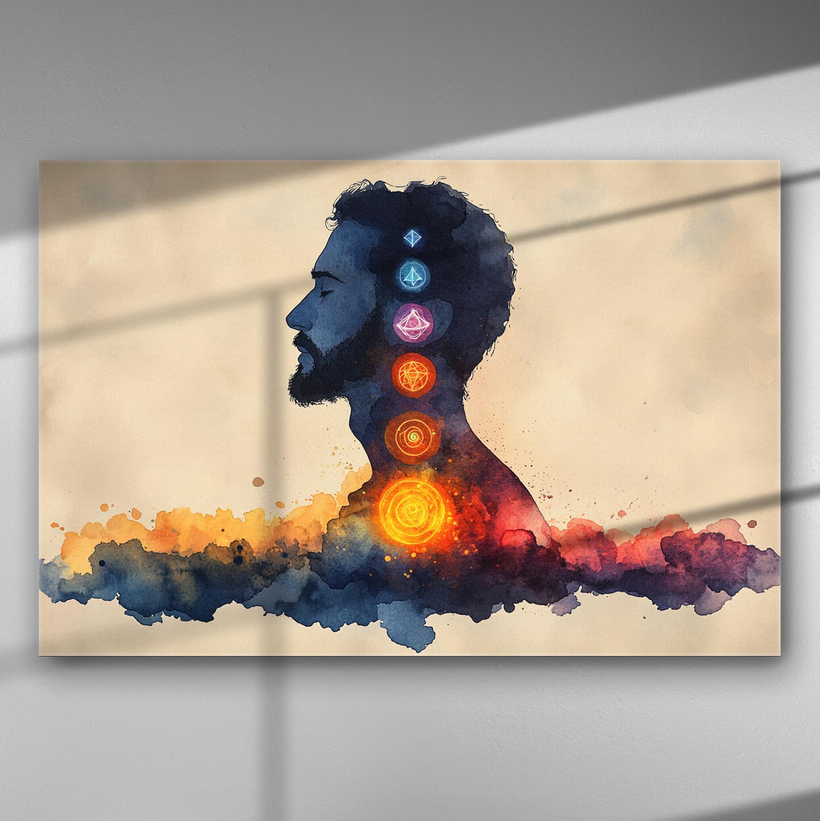 Silhouette of a man's profile with colorful chakra symbols aligned vertically, on a watercolor background.