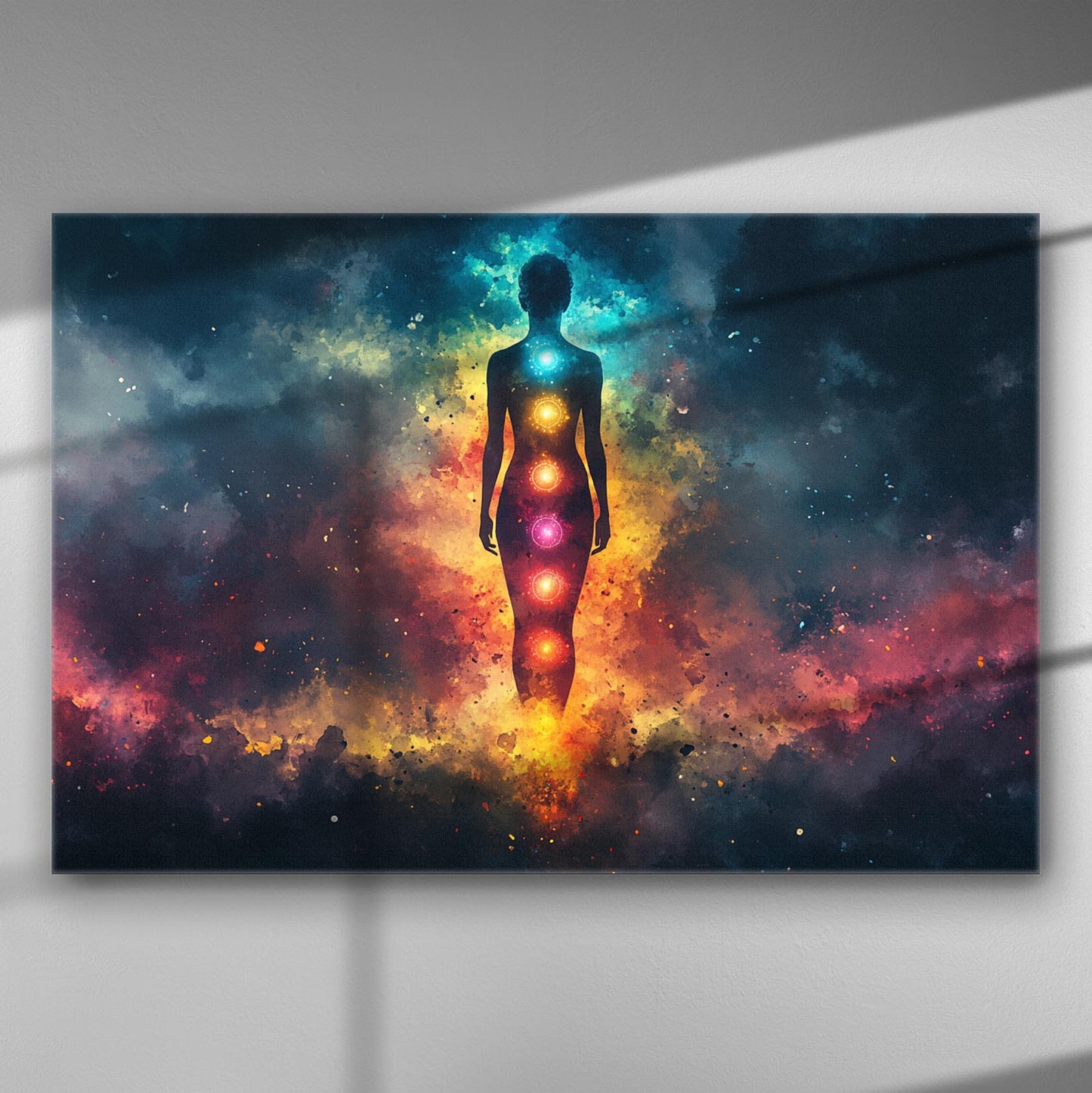 Silhouette of a woman surrounded by colorful aura clouds, representing energy centers