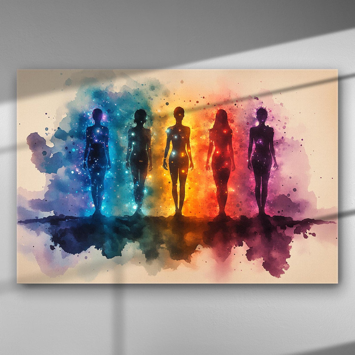 Abstract painting of five human silhouettes in a spectrum of colors.