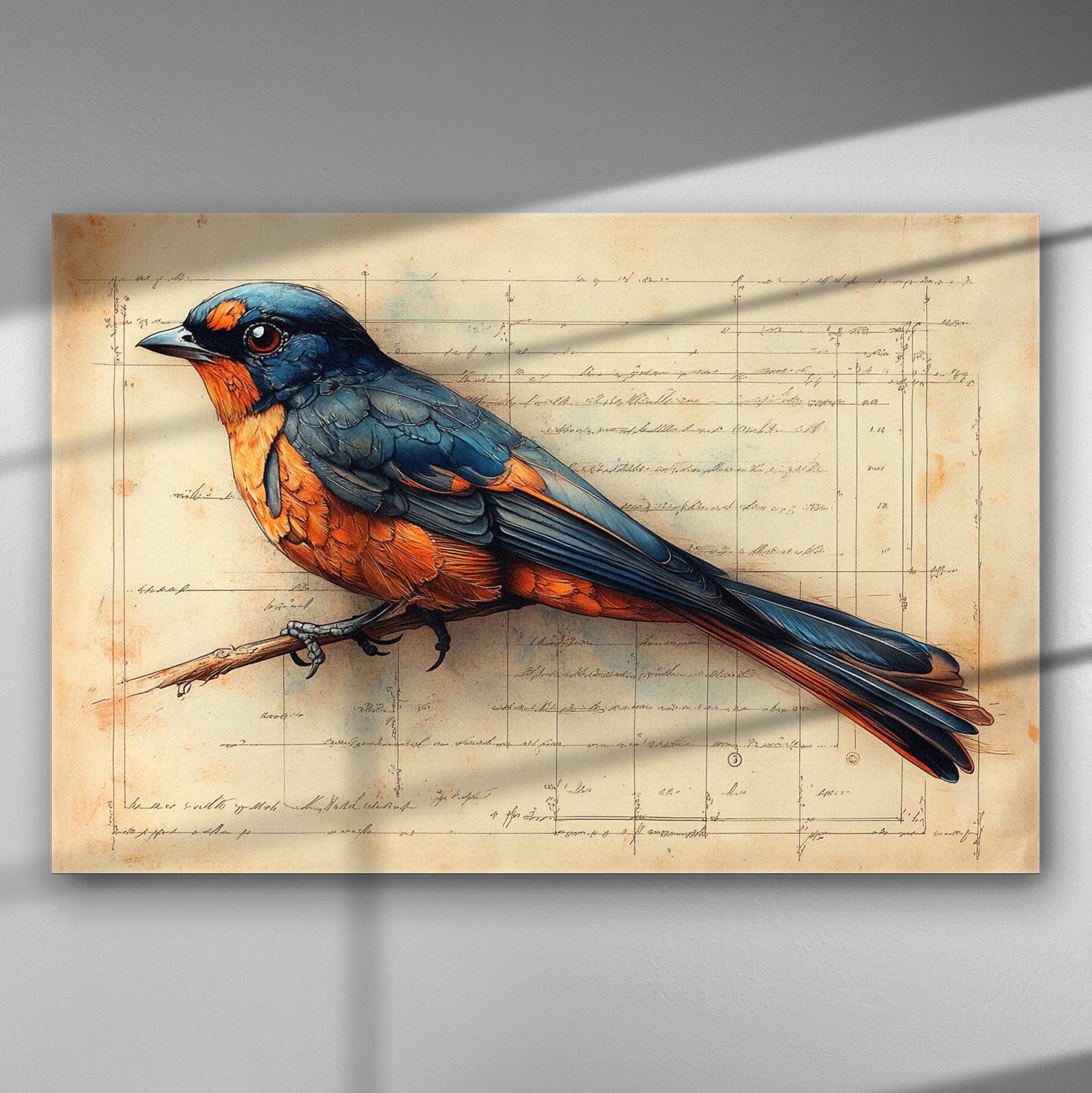 Canvas print featuring a colorful bird with blue and orange feathers on a vintage manuscript background.