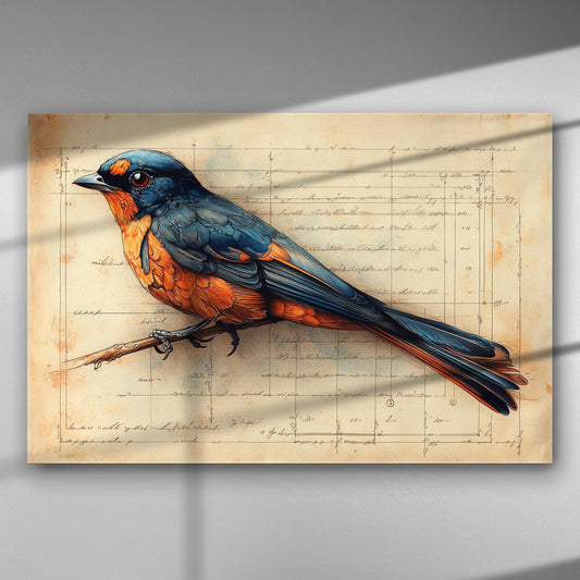 Canvas print featuring a colorful bird with blue and orange feathers on a vintage manuscript background.