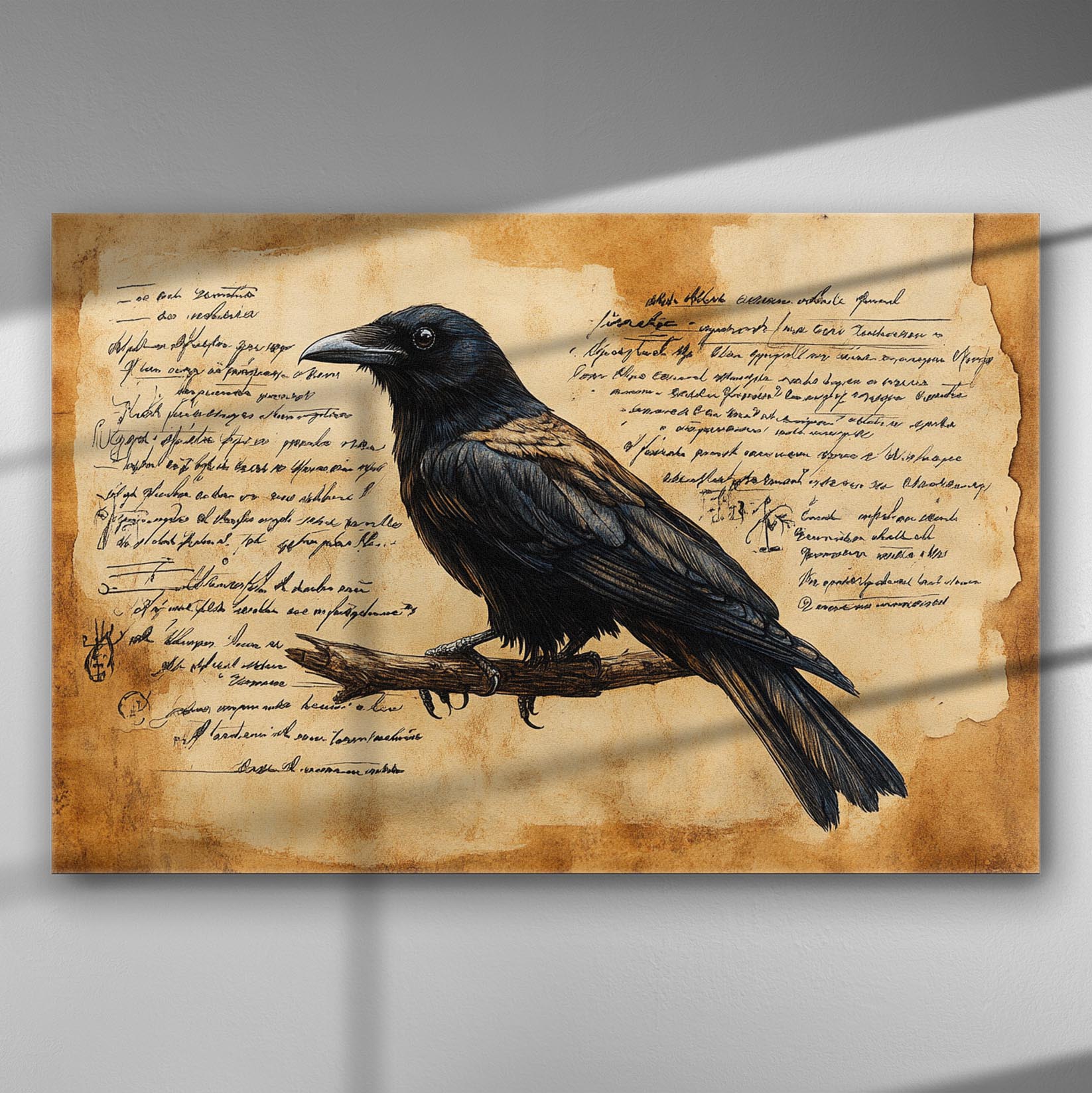Mystical raven perched on a branch with handwritten background, evoking a sense of history and mystery.