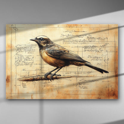 Bird sketch with botanical background on canvas print