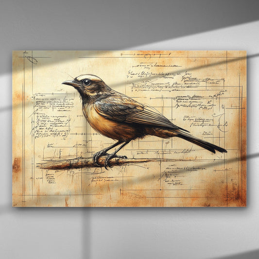 Bird sketch with botanical background on canvas print