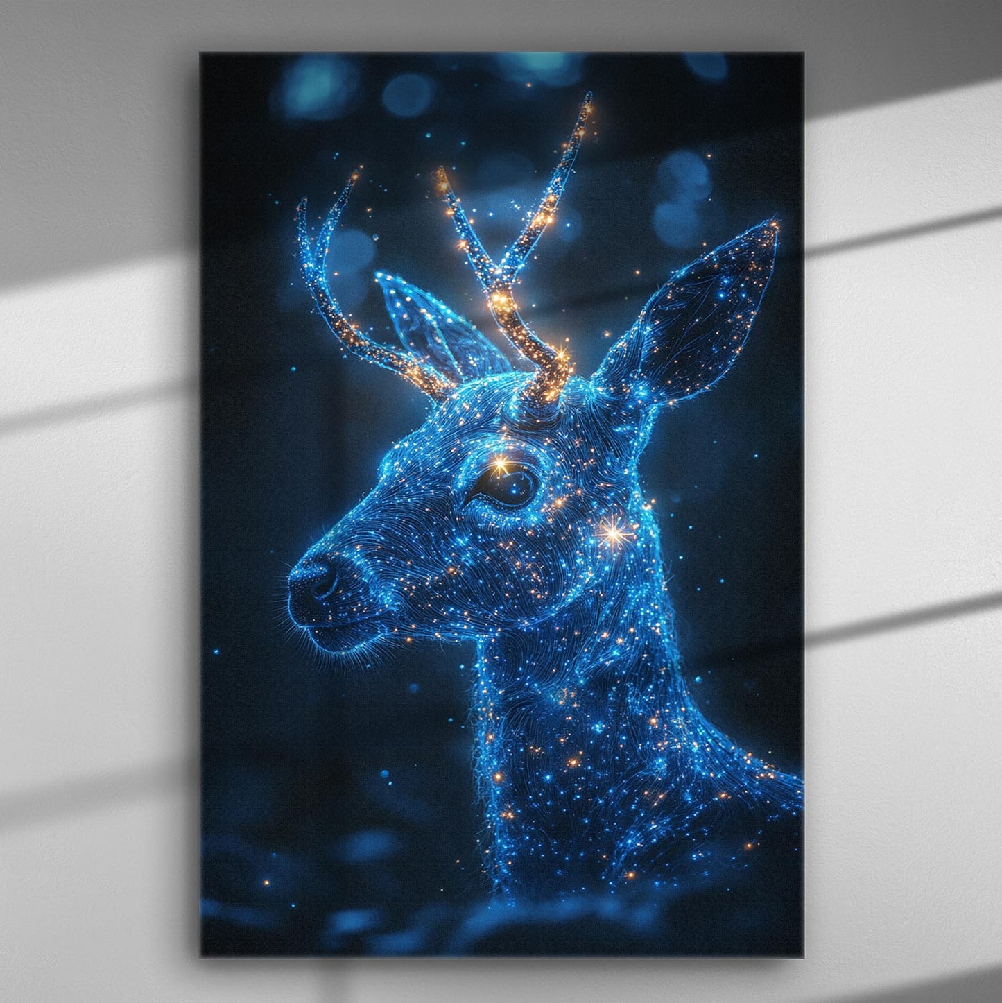 Canvas print featuring a blue starry deer with glowing lights.