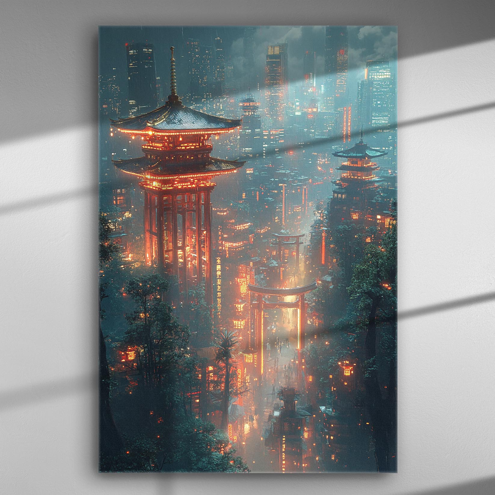 Futuristic Japanese cityscape at night with illuminated towers and mist.