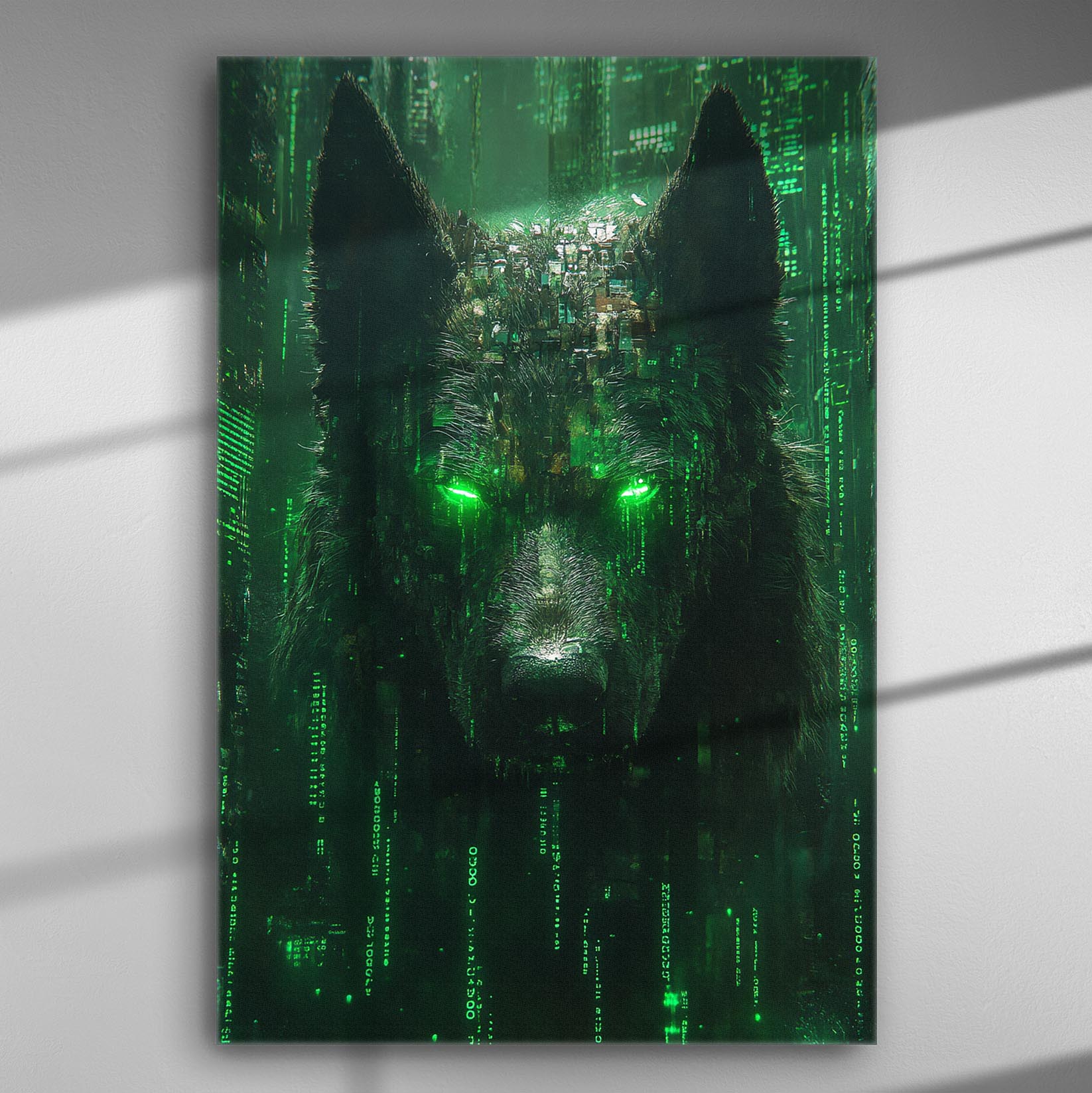 Futuristic wolf with glowing green eyes in a digital matrix style background.