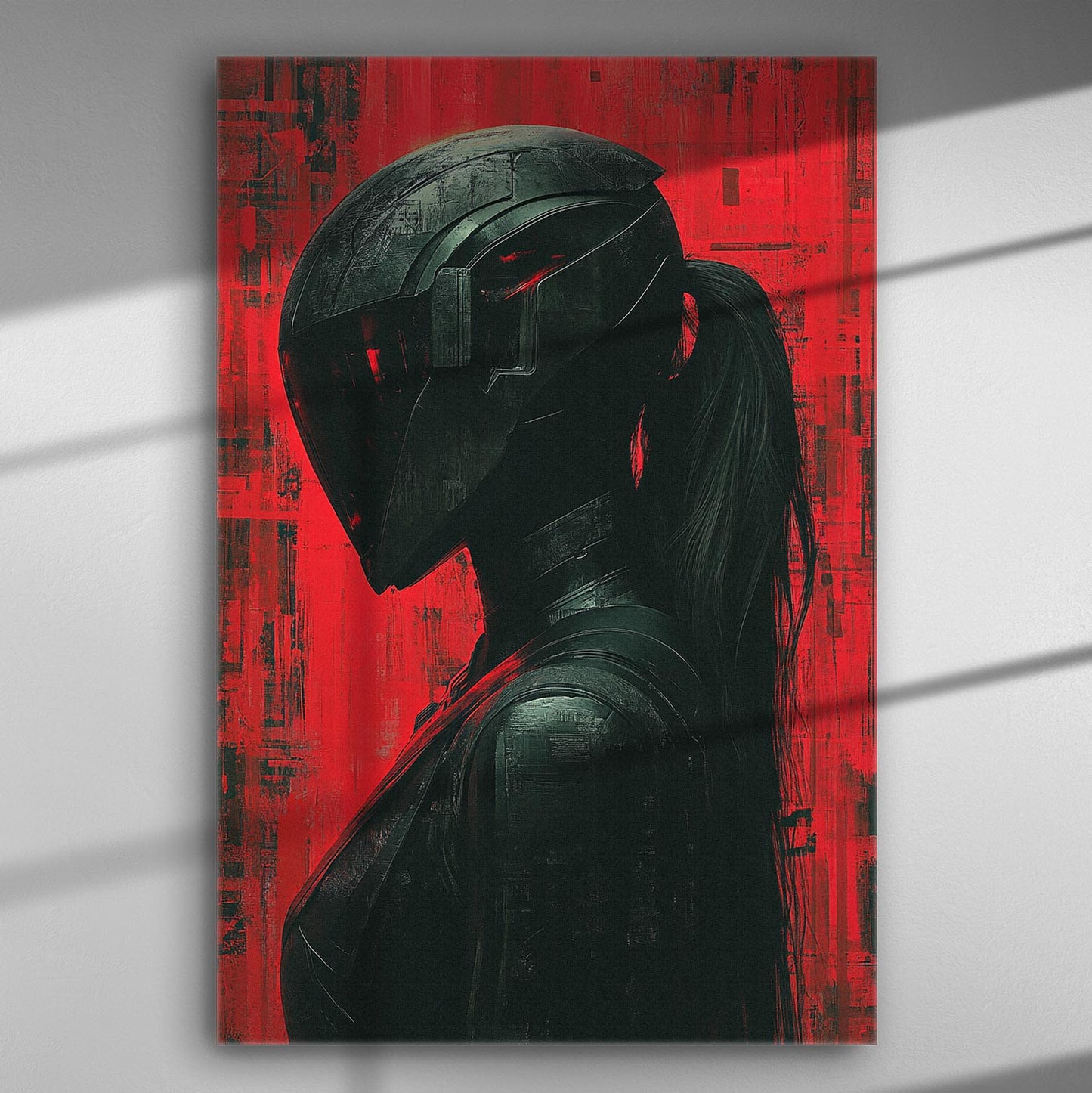 Dark warrior with helmet on a red background canvas art.