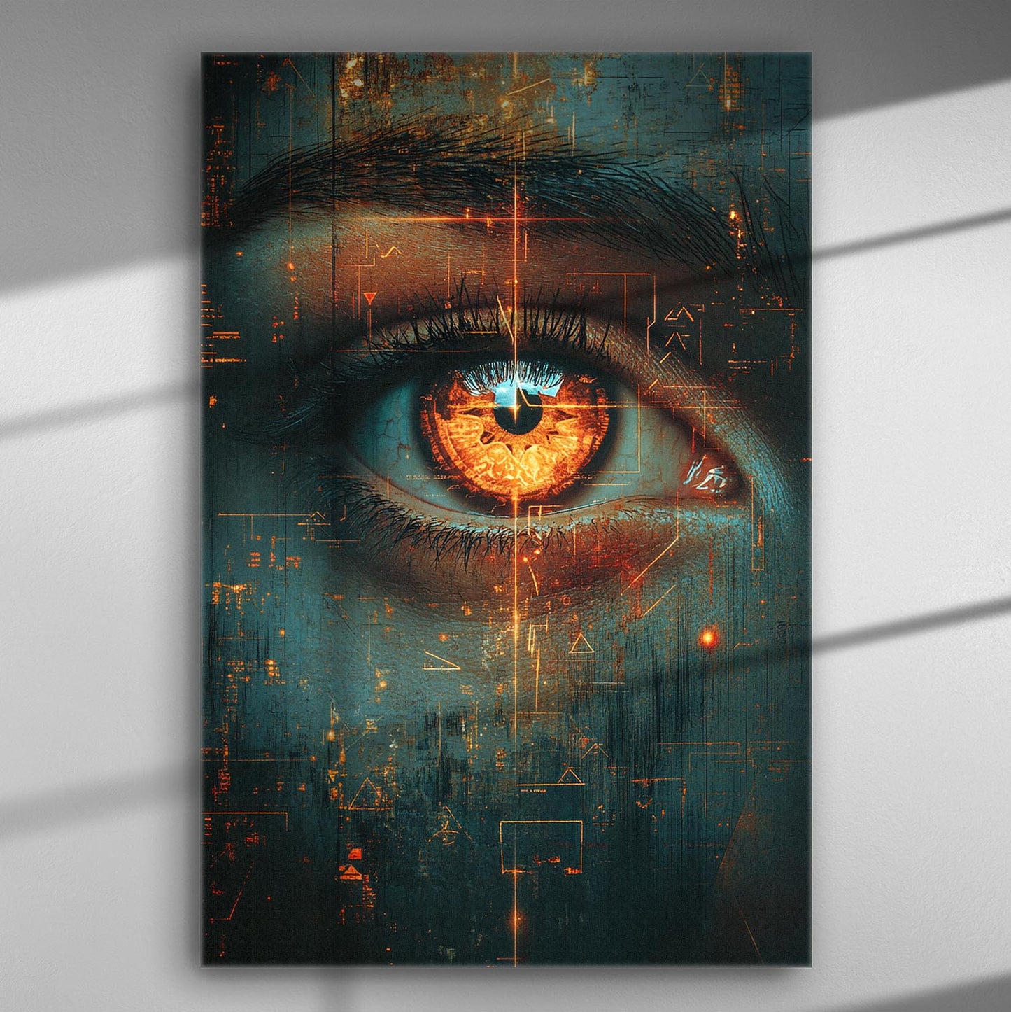Digital artwork of a futuristic eye with fiery textures on a canvas.