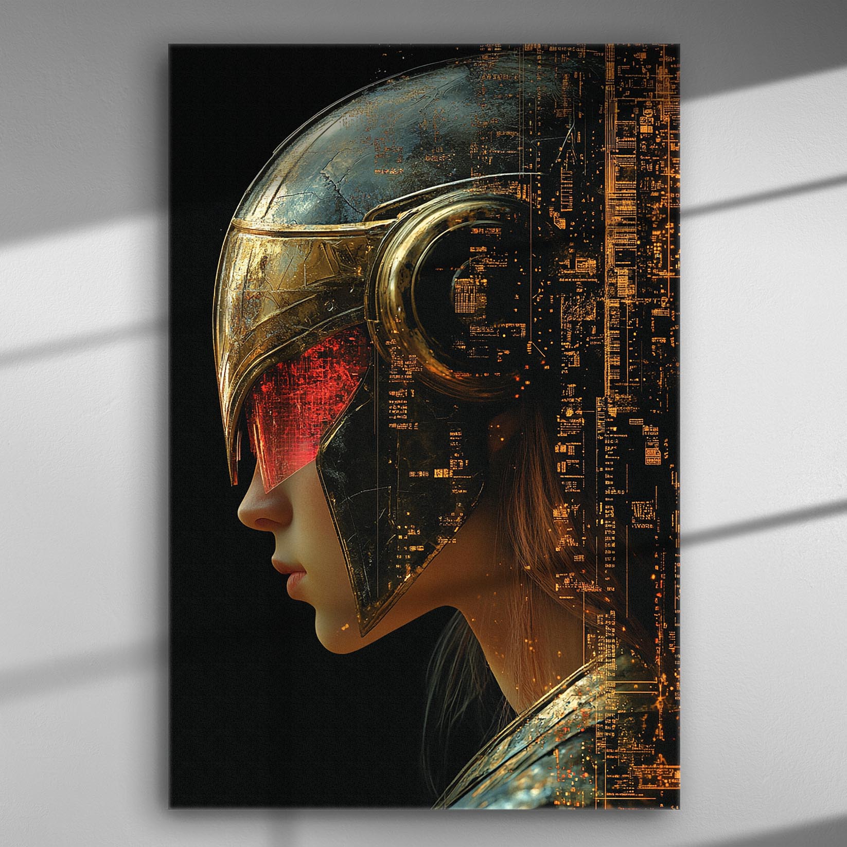 Futuristic artwork of a cyber warrior helmet blending gold and red elements on a canvas print.