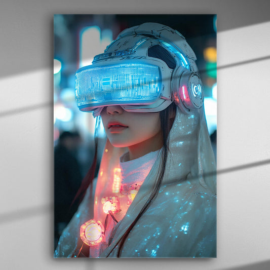 A futuristic woman wearing high-tech blue light glasses on a canvas print.