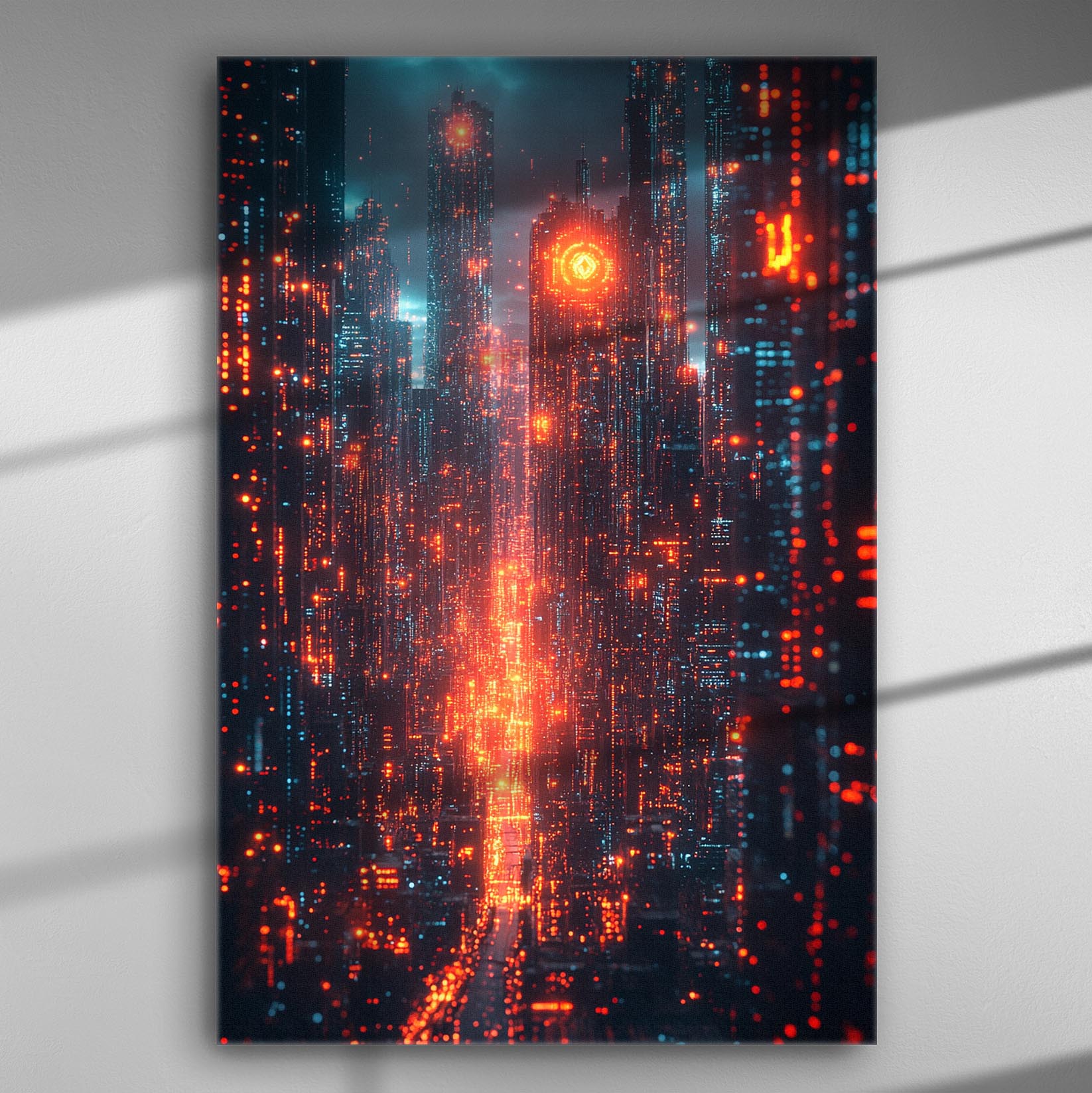 Futuristic city at night with orange and blue lights on canvas print.