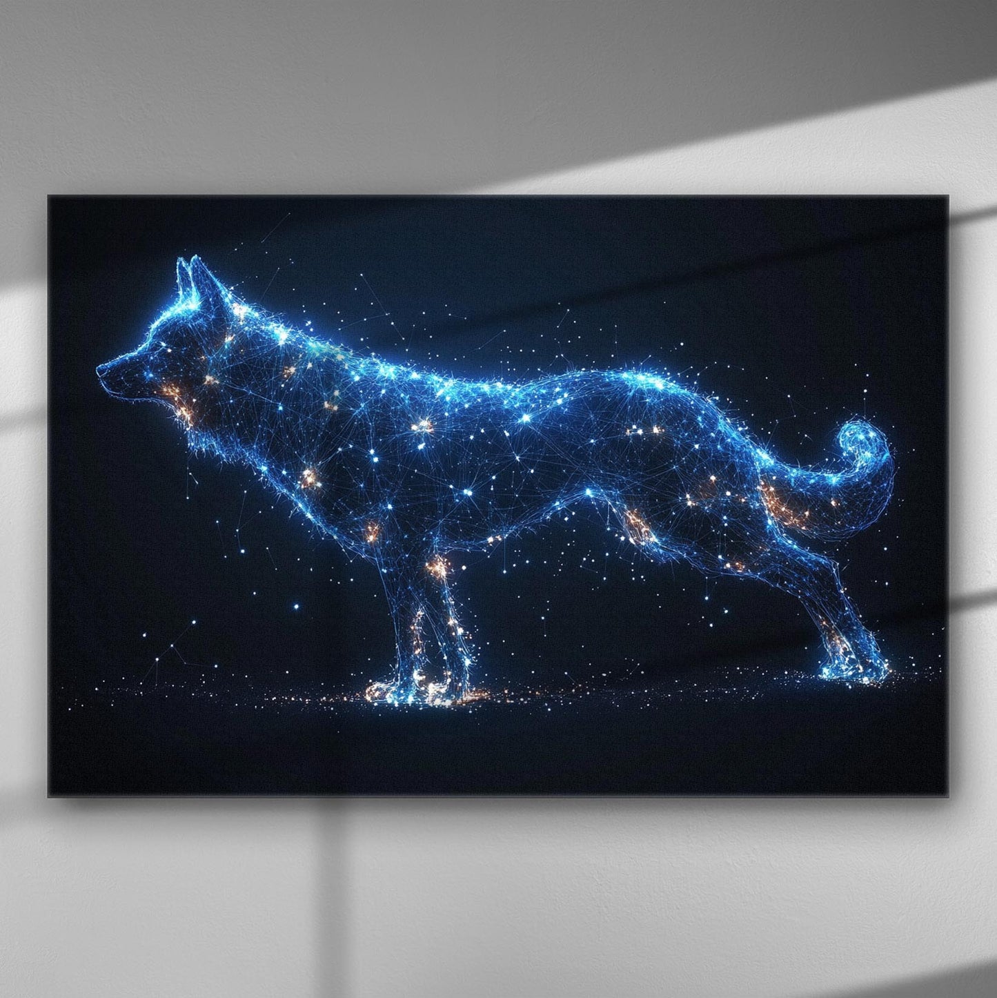 Cosmic wolf composed of glowing blue and orange points of light on a dark background canvas print.