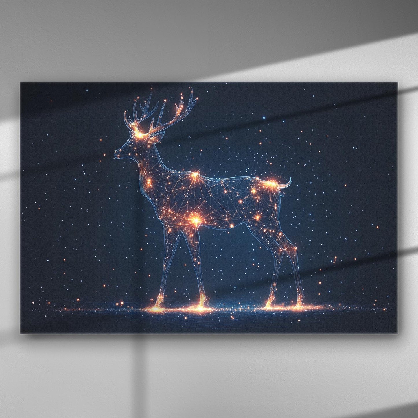 A digital artwork featuring a celestial deer made of stars and light points on a dark background, creating an ethereal and magical atmosphere.