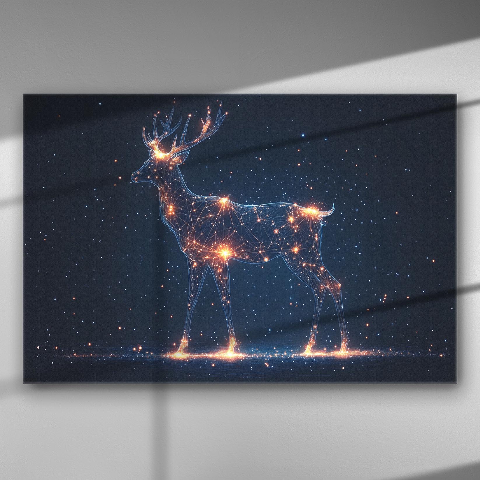 A digital artwork featuring a celestial deer made of stars and light points on a dark background, creating an ethereal and magical atmosphere.