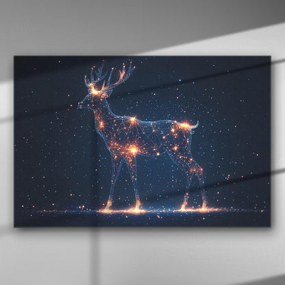 A digital artwork featuring a celestial deer made of stars and light points on a dark background, creating an ethereal and magical atmosphere.